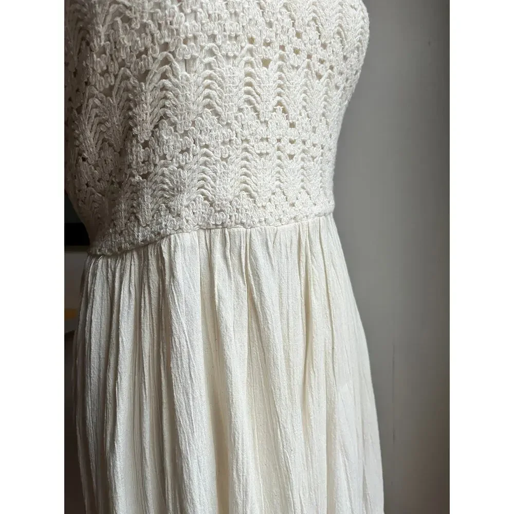 Vintage 60s Crochet Gauze Midi Dress | Ivory Cotton Lace Cottagecore Boho | M/L - Picture 8 of 10